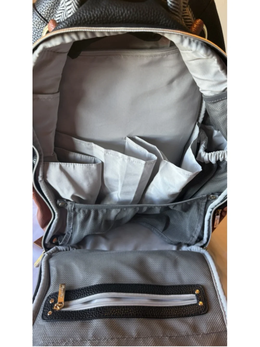 Itzy Ritzy Diaper Bag Large Boss Backpack Bottle Pocket Herringbone Coffee Cream